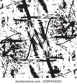 Textura monocromática composta por elementos gráficos irregulares. Fundo grunge irregular angustiado. Ilustração vetorial abstrata. Sobreposição para efeito e profundidade interessantes. Isolado no fundo branco.