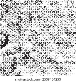 Monochrome texture composed of irregular graphic elements. Distressed uneven grunge background. Abstract vector illustration. Overlay for interesting effect and depth. Isolated on white background.