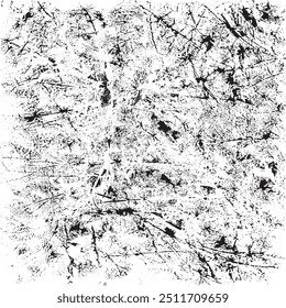 Monochrome texture composed of irregular graphic elements. Distressed uneven grunge background. Abstract vector illustration. Overlay for interesting effect and depth. Isolated on white background.