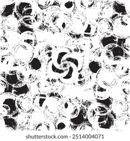 Monochrome texture composed of irregular graphic elements. Distressed uneven grunge background. Abstract vector illustration. Overlay for interesting effect and depth. Isolated on white background.