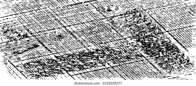 Monochrome texture composed of irregular graphic elements. Distressed uneven grunge background. Abstract vector illustration. Overlay for interesting effect and depth. Isolated on white background.
