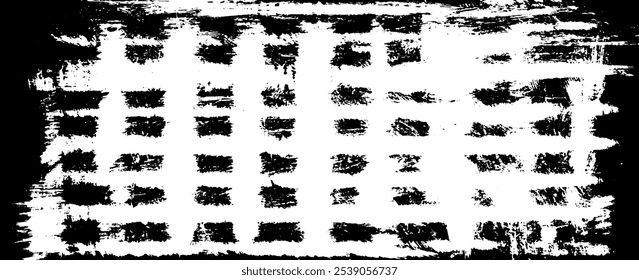 Monochrome texture composed of irregular graphic elements. Distressed uneven grunge background. Abstract vector illustration. Overlay for interesting effect and depth. Isolated on white background.