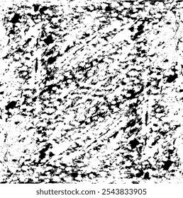 Monochrome texture composed of irregular graphic elements. Distressed uneven grunge background. Abstract vector illustration. Overlay for interesting effect and depth. Isolated on white background.