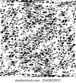Monochrome texture composed of irregular graphic elements. Distressed uneven grunge background. Abstract vector illustration. Overlay for interesting effect and depth. Isolated on white background.