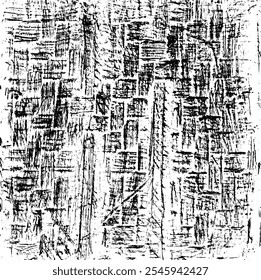 Monochrome texture composed of irregular graphic elements. Distressed uneven grunge background. Abstract vector illustration. Overlay for interesting effect and depth. Isolated on white background.