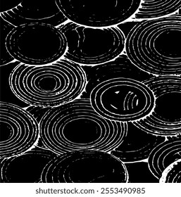 Monochrome texture composed of irregular graphic elements. Distressed uneven grunge background. Abstract vector illustration. Overlay for interesting effect and depth. Isolated on white background.
