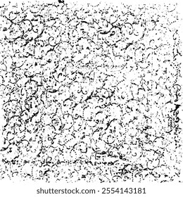 Monochrome texture composed of irregular graphic elements. Distressed uneven grunge background. Abstract vector illustration. Overlay for interesting effect and depth. Isolated on white background.