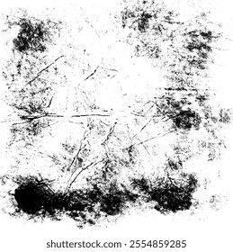 Monochrome texture composed of irregular graphic elements. Distressed uneven grunge background. Abstract vector illustration. Overlay for interesting effect and depth. Isolated on white background.