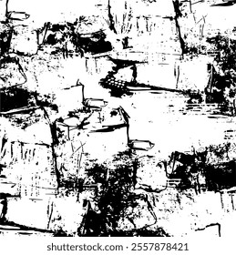 Monochrome texture composed of irregular graphic elements. Distressed uneven grunge background. Abstract vector illustration. Overlay for interesting effect and depth. Isolated on white background.