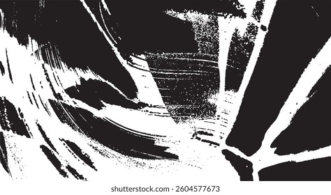 Monochrome texture composed of irregular graphic elements. Distressed uneven grunge background. Abstract vector illustration. Overlay for interesting effect and depth. Isolated on white background.