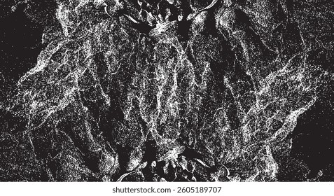 Monochrome texture composed of irregular graphic elements. Distressed uneven grunge background. Abstract vector illustration. Overlay for interesting effect and depth. Isolated on white background.