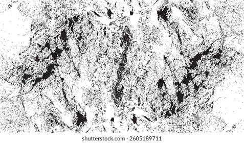Monochrome texture composed of irregular graphic elements. Distressed uneven grunge background. Abstract vector illustration. Overlay for interesting effect and depth. Isolated on white background.