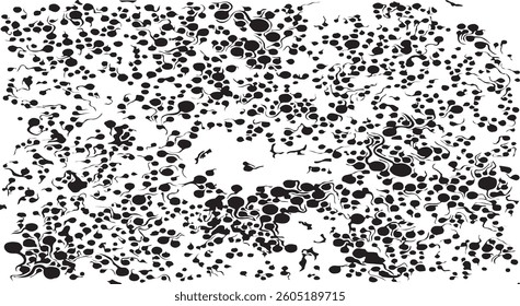 Monochrome texture composed of irregular graphic elements. Distressed uneven grunge background. Abstract vector illustration. Overlay for interesting effect and depth. Isolated on white background.