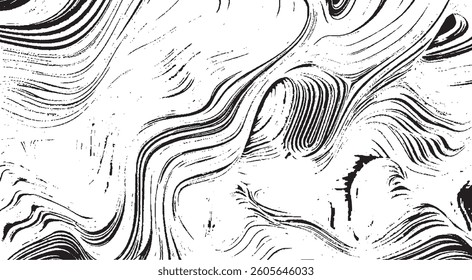 Monochrome texture composed of irregular graphic elements. Distressed uneven grunge background. Abstract vector illustration. Overlay for interesting effect and depth. Isolated on white background.