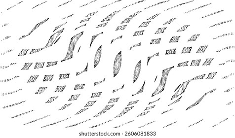 Monochrome texture composed of irregular graphic elements. Distressed uneven grunge background. Abstract vector illustration. Overlay for interesting effect and depth. Isolated on white background.