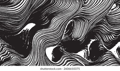Monochrome texture composed of irregular graphic elements. Distressed uneven grunge background. Abstract vector illustration. Overlay for interesting effect and depth. Isolated on white background.