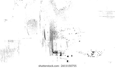 Monochrome texture composed of irregular graphic elements. Distressed uneven grunge background. Abstract vector illustration. Overlay for interesting effect and depth. Isolated on white background.
