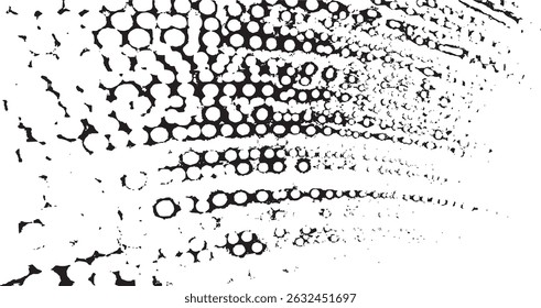 Monochrome texture composed of irregular graphic elements. Distressed uneven grunge background. Abstract vector illustration. Overlay for interesting effect and depth. Isolated on white background.