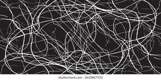 Monochrome texture composed of irregular graphic elements. Distressed uneven grunge background. Abstract vector illustration. Overlay for interesting effect and depth. Isolated on white background.