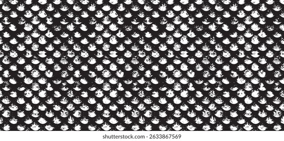 Monochrome texture composed of irregular graphic elements. Distressed uneven grunge background. Abstract vector illustration. Overlay for interesting effect and depth. Isolated on white background.