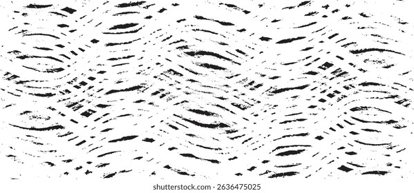 Monochrome texture composed of irregular graphic elements. Distressed uneven grunge background. Abstract vector illustration. Overlay for interesting effect and depth. Isolated on white background.