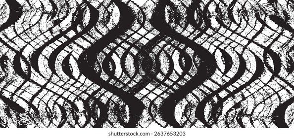 Monochrome texture composed of irregular graphic elements. Distressed uneven grunge background. Abstract vector illustration. Overlay for interesting effect and depth. Isolated on white background.