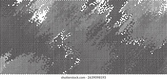 Monochrome texture composed of irregular graphic elements. Distressed uneven grunge background. Abstract vector illustration. Overlay for interesting effect and depth. Isolated on white background.