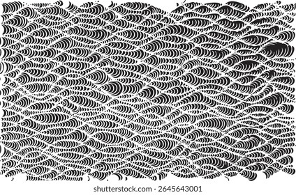 Monochrome texture composed of irregular graphic elements. Distressed uneven grunge background. Abstract vector illustration. Overlay for interesting effect and depth. Isolated on white background.