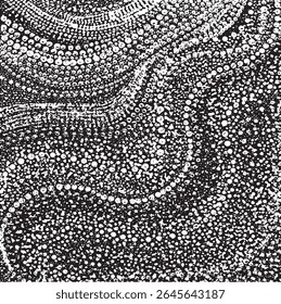 Monochrome texture composed of irregular graphic elements. Distressed uneven grunge background. Abstract vector illustration. Overlay for interesting effect and depth. Isolated on white background.