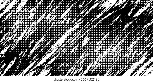 Monochrome texture composed of irregular graphic elements. Distressed uneven grunge background. Abstract vector illustration. Overlay for interesting effect and depth. Isolated on white background.