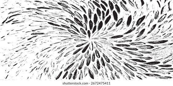 Monochrome texture composed of irregular graphic elements. Distressed uneven grunge background. Abstract vector illustration. Overlay for interesting effect and depth. Isolated on white background.