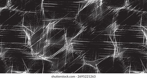 Monochrome Textur aus unregelmäßigen grafischen Elementen. Unregelmäßiger, unebener Hintergrund. Abstrakte Vektorgrafik. Overlay für interessante Wirkung und Tiefe. Einzeln auf weißem Hintergrund.