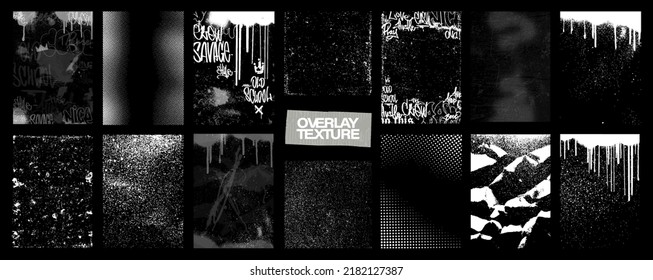 Monochrome Texture Overlay Stamps set - effect spray, grainy, graffiti, grunge. Vector von overlay texture Grain noise particles, damage, grunge, spray, monochrome, vintage. Vector stamps grunge