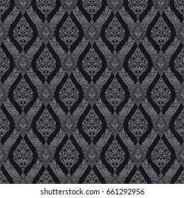 Monochrome thai floral motif of the figure of deva, seamless background.