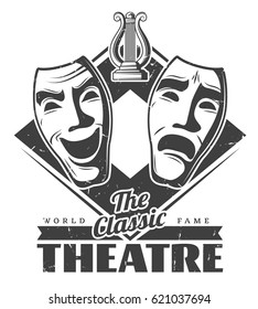 Monochrome theatre label template with inscription masquerade masks and harp in vintage style isolated vector illustration