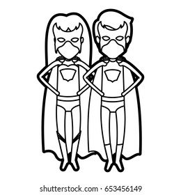 monochrome thick contour of faceless couple of superheroes flying with hands in your waist vector illustration