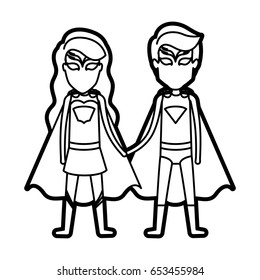 monochrome thick contour of faceless duo of superheroes united of the hands and her with long wavy hair vector illustration