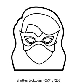 monochrome thick contour head of faceless girl superhero with long wavy hair with fringe and mask vector illustration