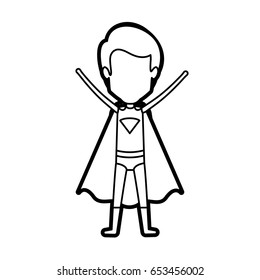 monochrome thick contour of standing faceless guy superhero with arms up vector illustration