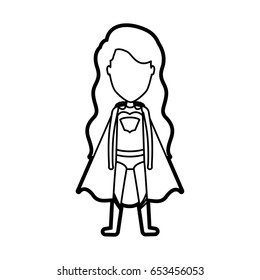 monochrome thick contour of standing faceless girl superhero with long wavy hair vector illustration
