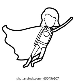monochrome thick contour of standing faceless superhero girl with short hair flying in diagonal direction vector illustration