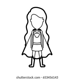 monochrome thick contour of standing faceless girl superhero with long hair vector illustration