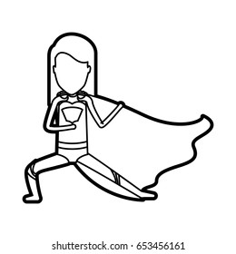 monochrome thick contour of standing faceless girl superhero in defensive pose vector illustration