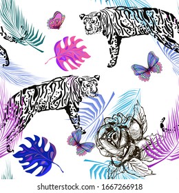 monochrome tiger, flowers, colorful plants and butterflies, seamless pattern