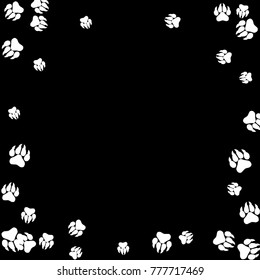 Monochrome Tiger Footprints in Black and White. Prints of Paws with Big Claws for Petshop Design or for Goods for Pets. Simple Pattern for Print, Logo or Poster. Vector Confetti Frame.