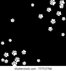 Monochrome Tiger Footprints in Black and White. Prints of Paws with Big Claws for Petshop Design or for Goods for Pets. Simple Pattern for Print, Logo or Poster. Vector Confetti Background.