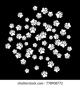 Monochrome Tiger Footprints in Black and White. Prints of Paws with Big Claws for Petshop Design or for Goods for Pets. Simple Pattern for Print, Logo or Poster. Vector Confetti Background.