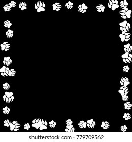 Monochrome Tiger Footprints in Black and White. Prints of Paws with Big Claws for Petshop Design or for Goods for Pets. Simple Pattern for Print, Logo or Poster. Vector Confetti Frame.