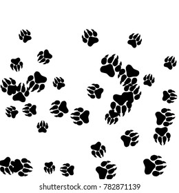Monochrome Tiger Footprints in Black and White. Prints of Paws with Big Claws for Petshop Design or for Goods for Pets. Simple Pattern for Print, Logo or Poster. Vector Confetti Background.