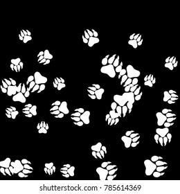 Monochrome Tiger Footprints in Black and White. Prints of Paws with Big Claws for Petshop Design or for Goods for Pets. Simple Pattern for Print, Logo or Poster. Vector Confetti Background.